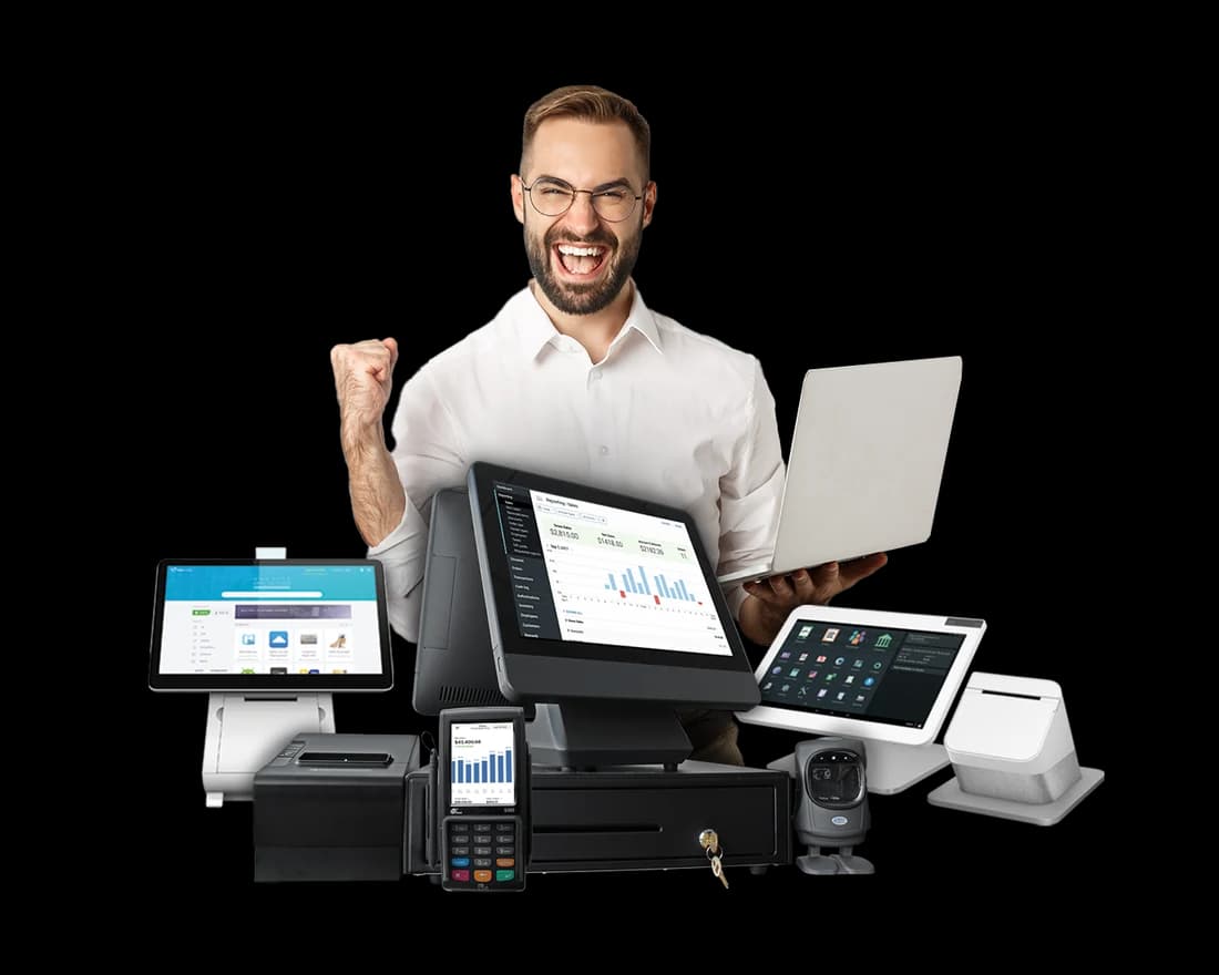 Dueño de un negocio celebrando con su hardware POS